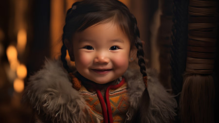 Portrait of a beautiful little girl with braids in a fur coat.の素材