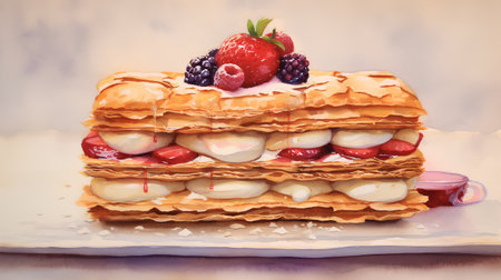Delicious waffles with berries and cream. Watercolor painting.の素材