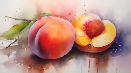Watercolor painting of fresh peaches. Hand-drawn illustration.の素材