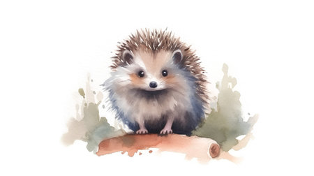 Watercolor image of a cute hedgehog on a white background.の素材