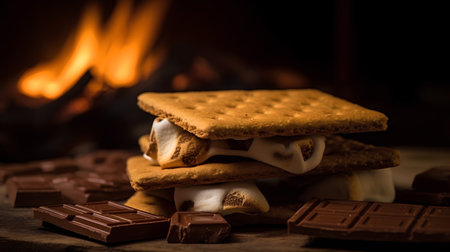 Cookies with chocolate and marshmallows in front of a fireplaceの素材