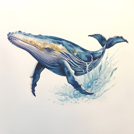 Watercolor whale with splashes of water on a white background.の素材