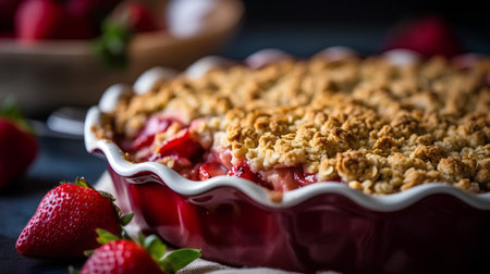 Homemade strawberry crumble in baking dish, selective focus, square imageの素材