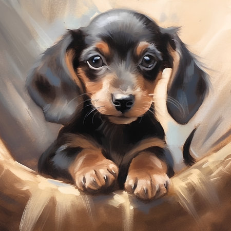 Digital painting of a black and tan Dachshund puppy.の素材