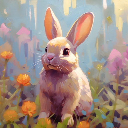 Digital painting of a cute Easter bunny in the meadow with flowersの素材