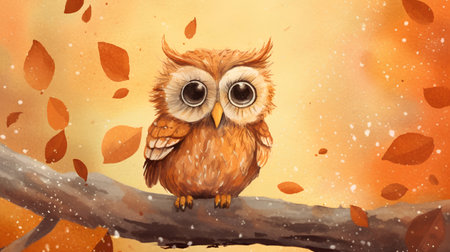 Watercolor illustration of a cute owl sitting on a branch in the autumn forest.の素材