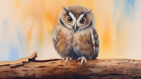 Owl on a branch, watercolor painting on paper background.の素材