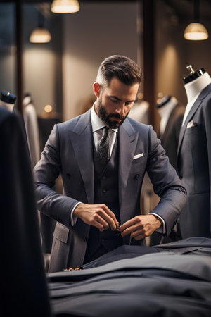 Handsome young man in suit working in a tailor shop.の素材