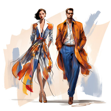 Fashion illustration of a beautiful young woman and man. Vector.の素材