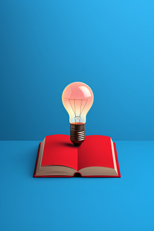 Realistic book with light bulb on blue background. Vector illustration.の素材