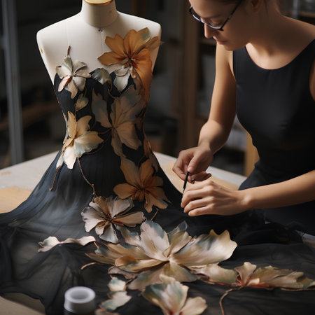 Dressmaker working on new collection of women's evening dress in studioの素材