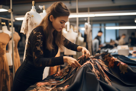 Beautiful young woman in black dress is working in fashion store.の素材