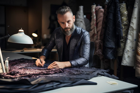 Fashion designer working on a new collection of clothes in his studioの素材