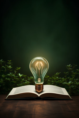 Light bulb on open book on wooden table and green leaves background.の素材