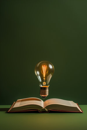 Open book with glowing light bulb on dark green background. Idea and education conceptの素材