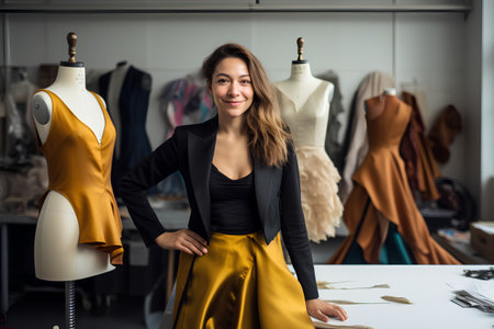 Portrait of smiling female fashion designer standing in her studio and looking at cameraの素材