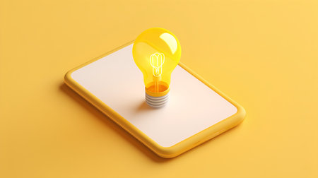 Yellow light bulb on a yellow background, 3d rendering. Computer digital drawing.の素材