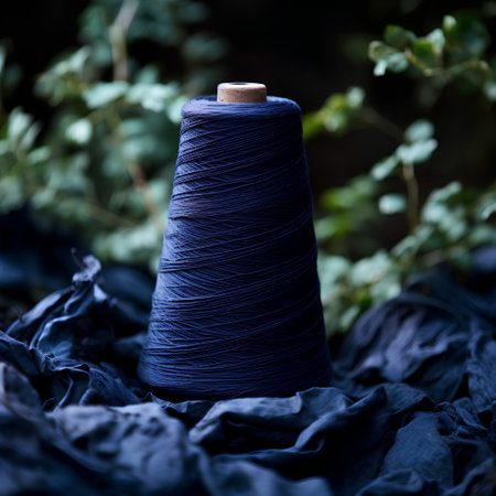 Spool of blue thread on black fabric. Selective focus.の素材