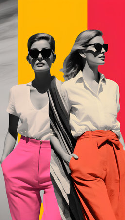 Fashion photo of two stylish women in sunglasses on the background of the flag of Germany. Black and white photo.の素材