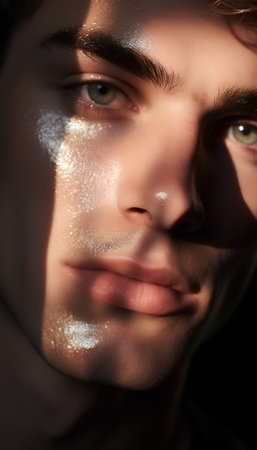 Close-up portrait of a handsome young man with golden makeup.の素材