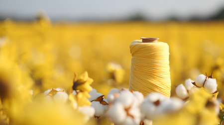 Spool of yellow thread on the background of a field of cotton.の素材