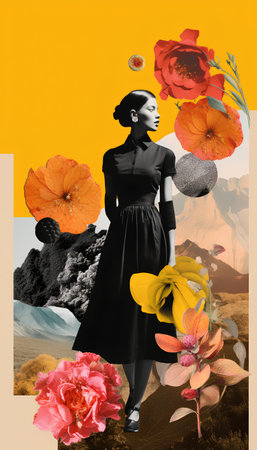 Beautiful woman with flowers. Beauty, fashion. Contemporary collage.の素材