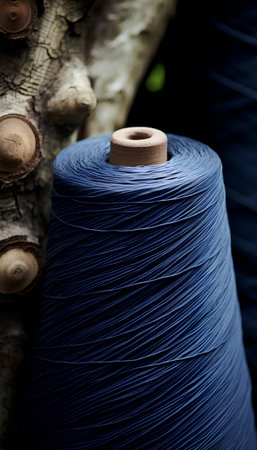 Spool of blue thread on tree branch. Shallow depth of fieldの素材