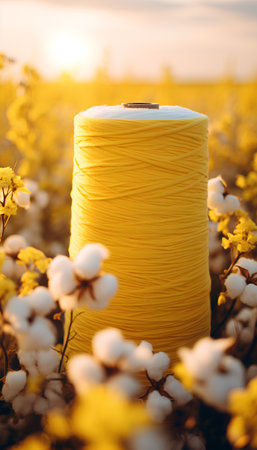 Yellow cotton yarn in a field of blooming cotton flowers. Close up.の素材