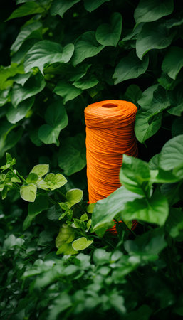 Orange rope on a green background. The concept of eco-friendly lifestyle.の素材