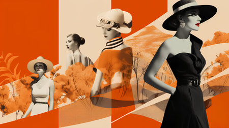 Fashionable women in hats and scarves on abstract background.の素材