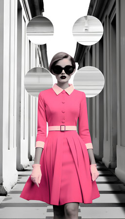 3D illustration of a woman in a pink dress and black sunglassesの素材