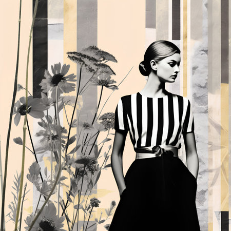 Fashionable woman in black and white striped dress posing with flowersの素材