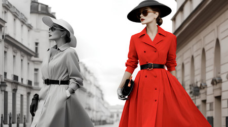 Fashionable woman in a red coat and hat on the street.の素材