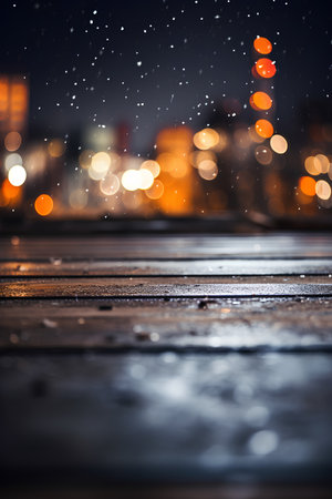 Raindrops on a wooden pier at night. Blurred background.の素材