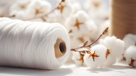 Spools of white cotton thread and cotton flowers on a white backgroundの素材