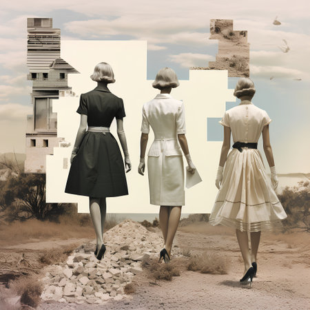 Three women in retro style on the background of an ancient city.の素材
