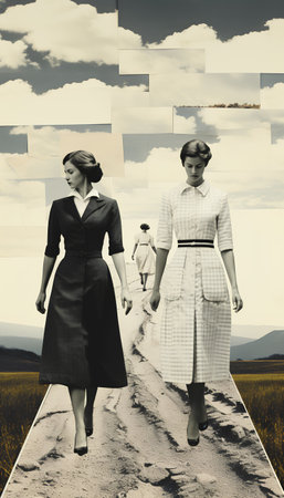 Couple of young women walking on a dirt road in the countrysideの素材