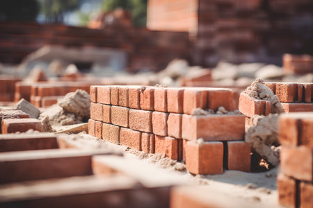 Brick wall at construction site with sand, brickwork and cementの素材