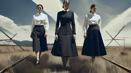3d render of three women walking in a field with wind turbinesの素材