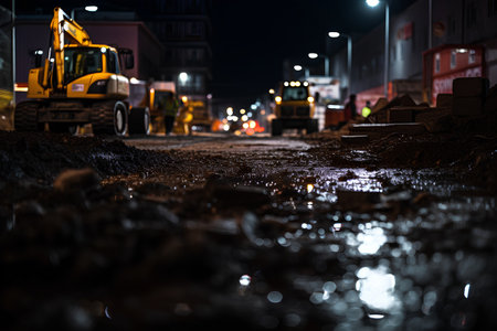 Road construction site at night with heavy machinery and puddles of waterの素材