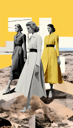 Fashionable women in stylish clothes posing on a yellow background.の素材