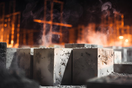 Concrete blocks on construction site at night. Construction industry concept.の素材