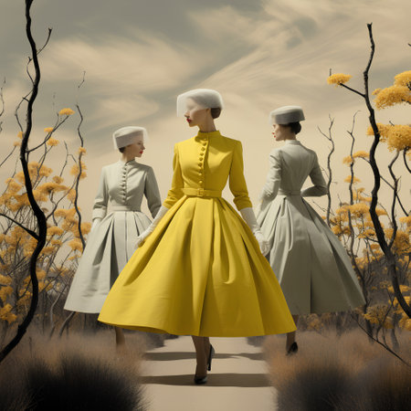 Three women in yellow dress walking in the desert. 3d renderingの素材