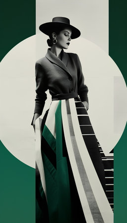 Fashion shot of a beautiful woman in elegant dress and hat. Retro style.の素材