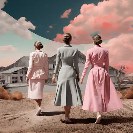 Rear view of three business women walking in desert. Mixed mediaの素材