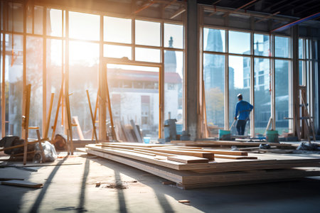 Construction worker installing wooden boards on the floor in a new building.の素材