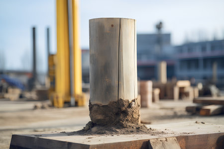 Pile of wooden poles at construction site, shallow depth of fieldの素材