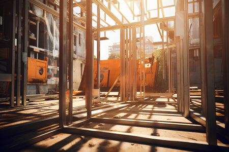 Construction site with scaffolding and construction equipment. Construction site background.の素材