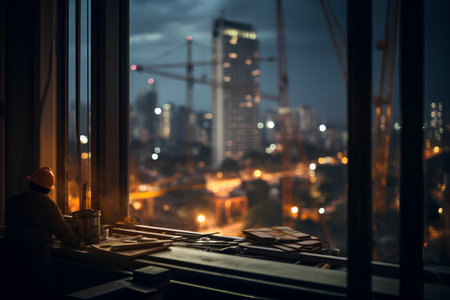 construction worker working on window at night with cityscape background.の素材