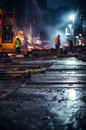 Workers are working on a construction site in the city at night.の素材